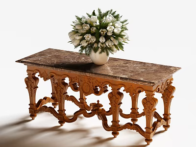 Carved Wooden Console Table With Marble Top And White Flower Vase Arrangement 3d model