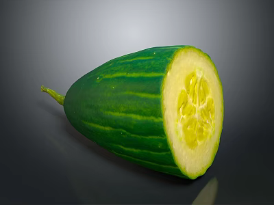 Fresh Green Striped Cucumber with Sliced Half Showing Yellow Flesh and Seeds 3d model