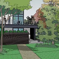 Modern Detached Villa Featuring Glass Facade Lush Greenery And Outdoor Seating Area