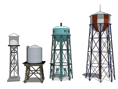 Industrial Water Towers With Various Designs Sizes And Metal Support Structures 3d model