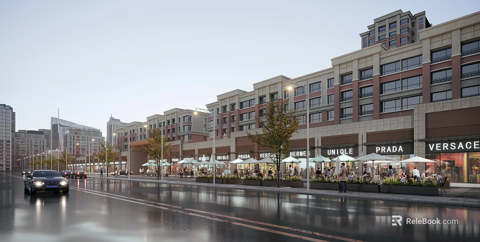 Commercial Landscape Featuring Multi Story Buildings Retail Shops Outdoor Seating Pedestrians Street Lights And Tree Lined Street 3d model 