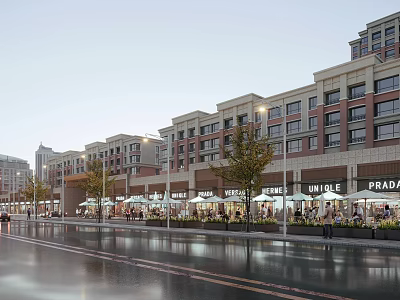 Commercial Landscape Featuring Multi Story Buildings Retail Shops Outdoor Seating Pedestrians Street Lights And Tree Lined Street 3d model