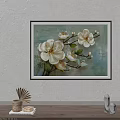 Botanical Plant Painting With White Magnolia Flowers And Dark Frame Hanging On Wall
