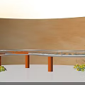 Elegant Curved Display Shelf For Retail Eyewear With Warm Wooden Backdrop And Decorative Green Plants
