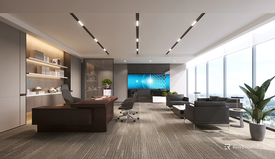 Modern Office Interior With Large Windows Desk Sofa Plants Bookshelves And Ceiling Lights 3d model 