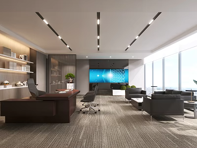 Modern Office Interior With Large Windows Desk Sofa Plants Bookshelves And Ceiling Lights 3d model