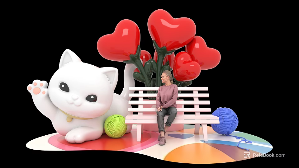 Giant White Cat Photo Spot With Red Heart Balloons And Colorful Yarn Balls 3d model 