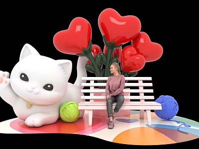 Giant White Cat Photo Spot With Red Heart Balloons And Colorful Yarn Balls 3d model