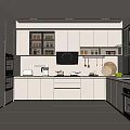 Modern Kitchen Interior With White Cabinets Open Glass Shelves Black Range Hood And Green Plant