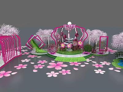 Pink Princess Themed Scene With Cherry Blossom Trees And Circular Stage And Scattered Pink Petals 3d model