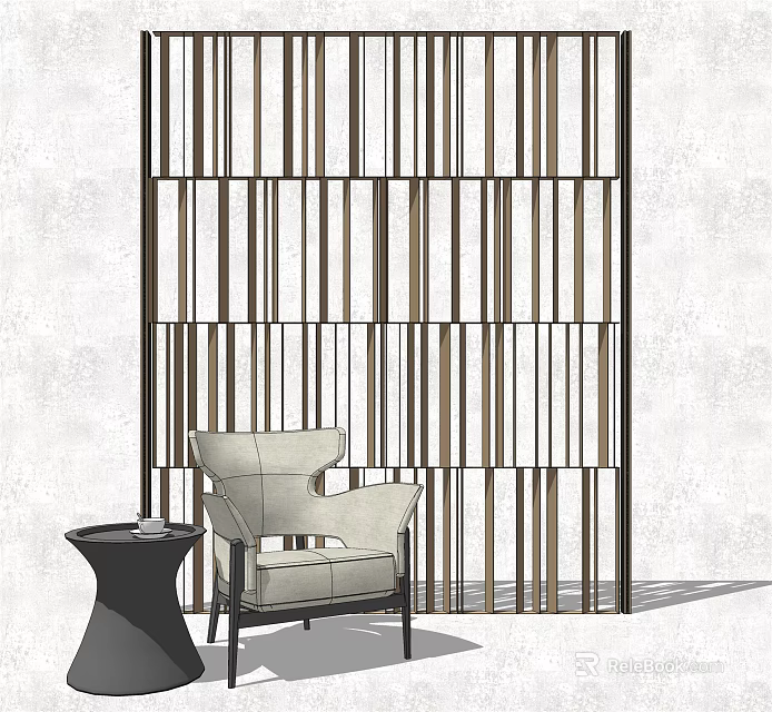 Elegant Single Sofa With Side Table And Vertical Slat Wooden Screen Against Light Colored Wall 3d model