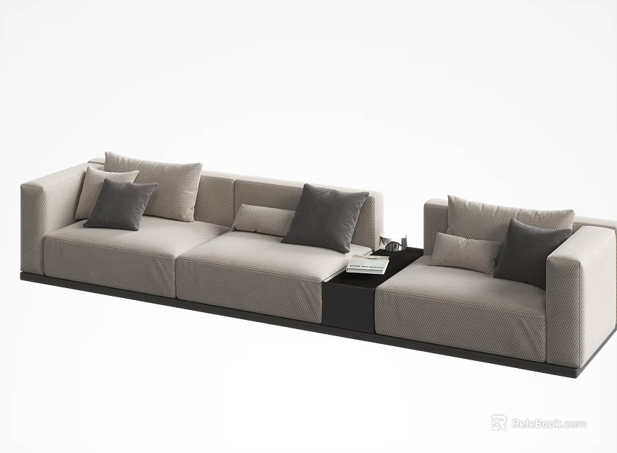 Modern Sectional Sofa With Beige Fabric Plush Gray Cushions And Side Table 3d model