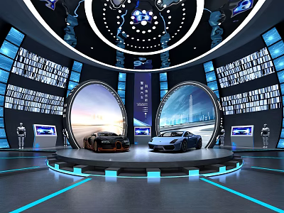 Modern Hi tech Exhibition Hall Displaying Luxury Cars With Circular Lighting And Digital Screens 3d model