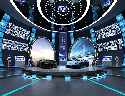 Modern Hi tech Exhibition Hall Displaying Luxury Cars With Circular Lighting And Digital Screens 3d model
