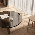 Round Glass Coffee Table and Wooden Stool Set on Woven Rug with Curtains Magazine Cup
