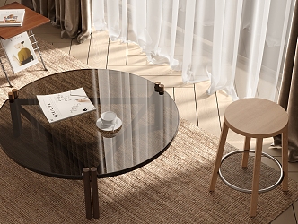 Modern Table and Chair Combination Single Chair Coffee Table Wood Floor Curtain Gauze Curtain 3d model