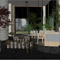 Modern Hotel Public Lounge With Large Windows City View Marble Column Sofas Greenery Water Feature 3d model