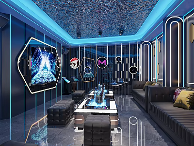 Modern Home Theater Interior With Blue Lighting Sparkling Ceiling And Large Screen 3d model