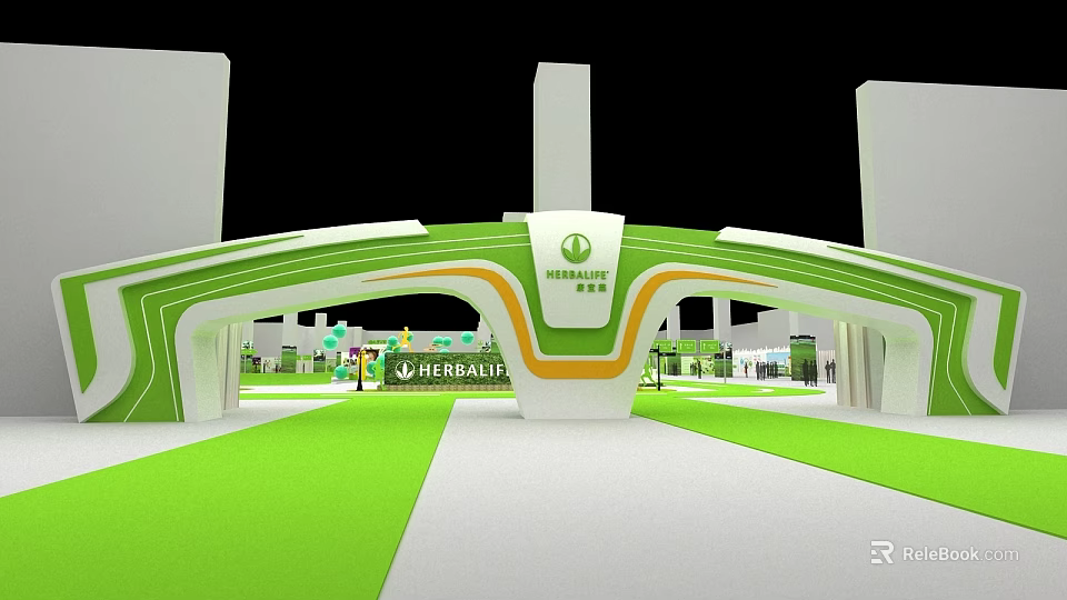 HE REALTY Exhibition Booth Design With Green White Curved Structure And Interior 3d model 