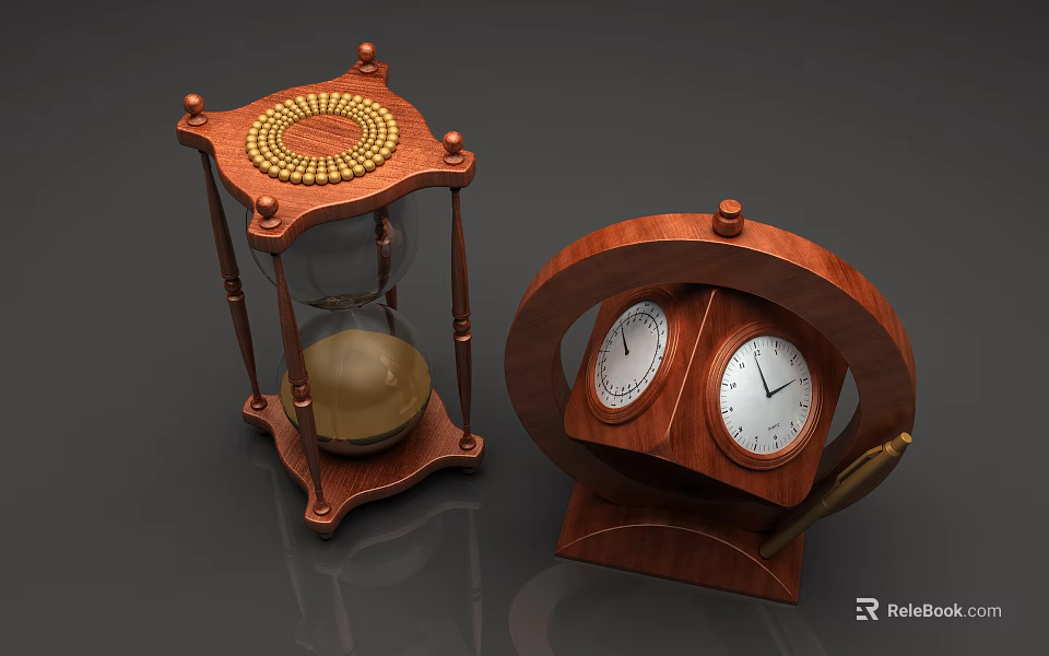 Vintage Wooden Decorative Ornament Set With Hourglass And Double Clock Design 3d model 