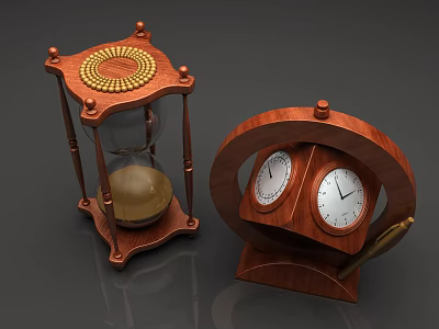 Vintage Wooden Decorative Ornament Set With Hourglass And Double Clock Design 3d model