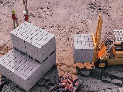 Heavy Duty Industrial Forklift Transporting Gray Bricks At Busy Construction Site With Workers 3d model