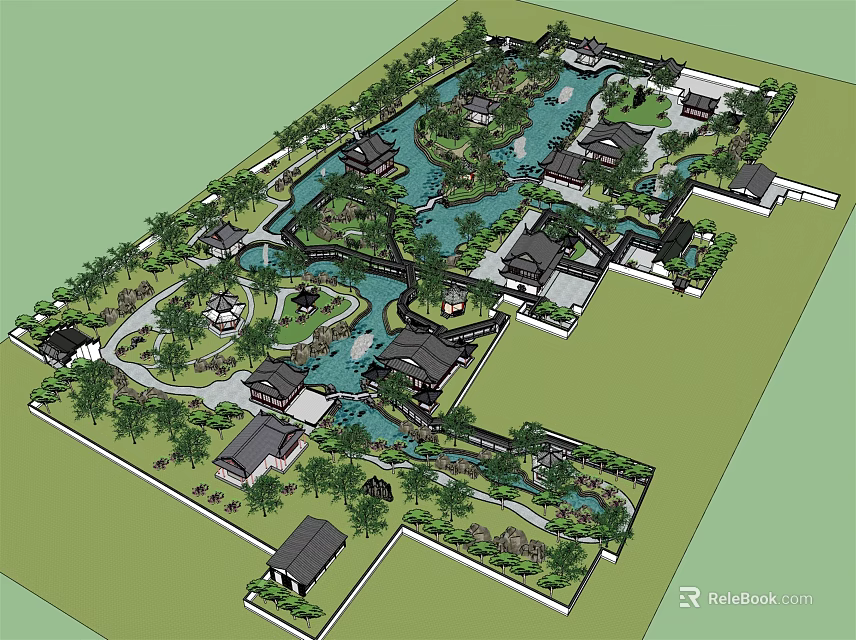 Traditional Chinese Garden Landscape With Pond Pavilions Stone Bridges And Lush Trees 3d model 