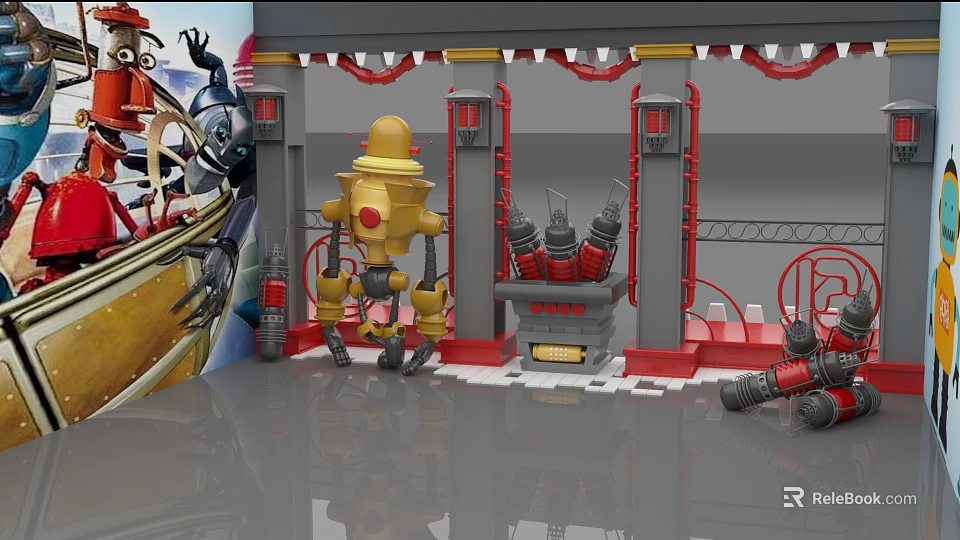 Cartoon Animated Scene With Yellow Robot Red Mechanical Devices And Gray Floor 3d model 