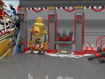 Cartoon Animated Scene With Yellow Robot Red Mechanical Devices And Gray Floor 3d model