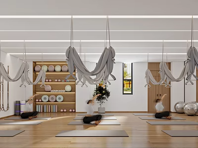 Yoga Practitioners On Mats In Bright Studio With Aerial Hammocks 3d model