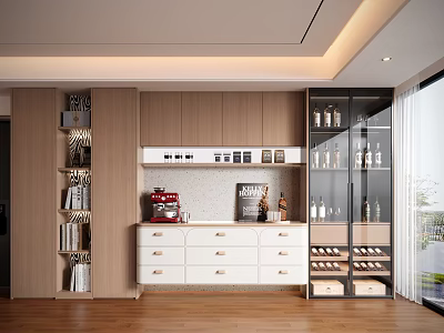 Modern Wooden Sideboard With White Drawers Glass Door Wine Cabinet And Coffee Machine 3d model