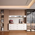 Modern Wooden Sideboard With White Drawers Glass Door Wine Cabinet And Coffee Machine