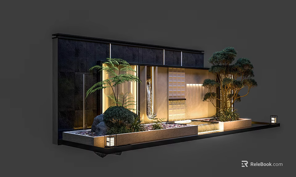 Modern Garden Landscape with Black Wall Lighting Pine Tree Palm Plant and Water Feature 3d model 