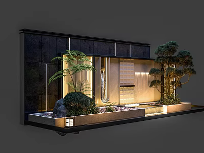 Modern Garden Landscape with Black Wall Lighting Pine Tree Palm Plant and Water Feature 3d model