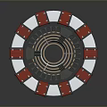 Circular Metallic Device With Red Silver Panels Symmetrical Structure And Hollow Center Design 3d model