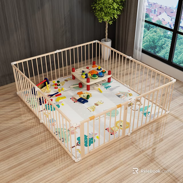 Wooden Baby Playpen With Stuffed Dolls And Colorful Toys On Play Mat 3d model 