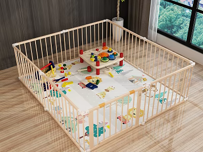 Wooden Baby Playpen With Stuffed Dolls And Colorful Toys On Play Mat 3d model
