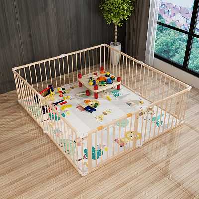Wooden Baby Playpen With Stuffed Dolls And Colorful Toys On Play Mat 3d model