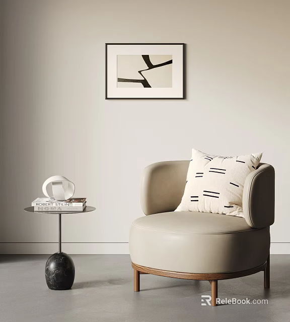 Beige Modern Single Sofa With White Striped Pillow And Side Table Books Decor 3d model 