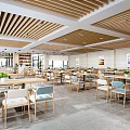 Modern Industrial Restaurant Interior With Open Layout Marble Bar Hanging Green Plants And Natural Light