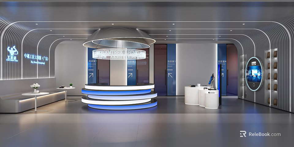 Modern Information Center Lobby With Circular Reception Desk Blue Lighting Directional Signs And Seating Area 3d model 