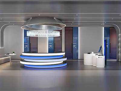 Modern Information Center Lobby With Circular Reception Desk Blue Lighting Directional Signs And Seating Area 3d model