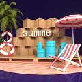 Summer Scene With Palm Tree Lifebuoy Striped Umbrella Deck Chair Wooden Crates And Blue Barrels