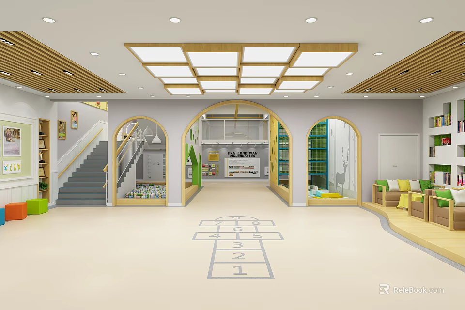 Bright Kindergarten Indoor Area with Archways Staircase Playground Markings and Learning Spaces 3d model 