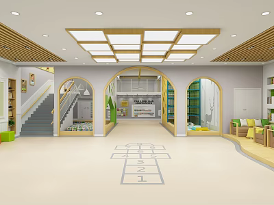 Bright Kindergarten Indoor Area with Archways Staircase Playground Markings and Learning Spaces 3d model