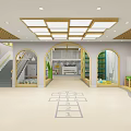 Bright Kindergarten Indoor Area with Archways Staircase Playground Markings and Learning Spaces