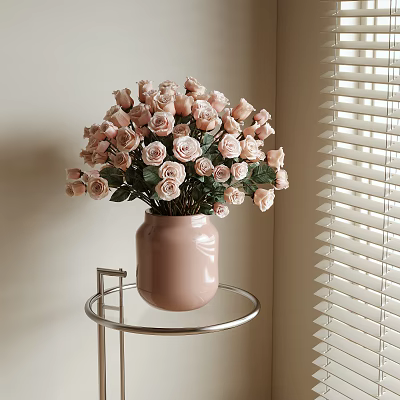 Pink Roses Arranged In Pink Vase On Metal Stand Table With Light Colored Wall 3d model