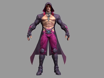 Man In Purple Hooded Coat With Bare Chest Purple Pants Knee Pads And Boots 3d model
