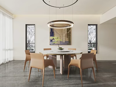 Elegant Circular Dining Table Set With Beige Chairs Pendant Light And Decorative Painting 3d model
