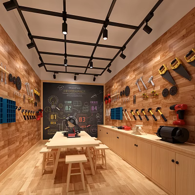 Public Workspace Featuring Wooden Walls Hanging Tools Blackboard Colorful Numbers Table Stools And Storage Cabinets 3d model